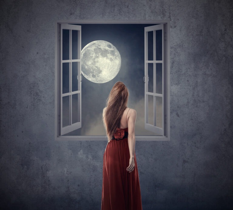 Beautiful woman in red dress walking to opened window with moon.